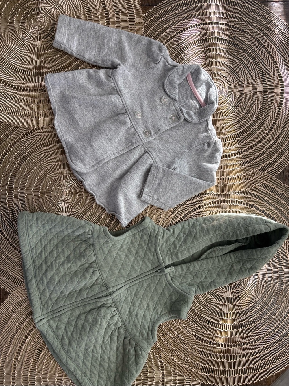 Gray Peplum Button Jacket & Sage Quilted Hooded Vest Set